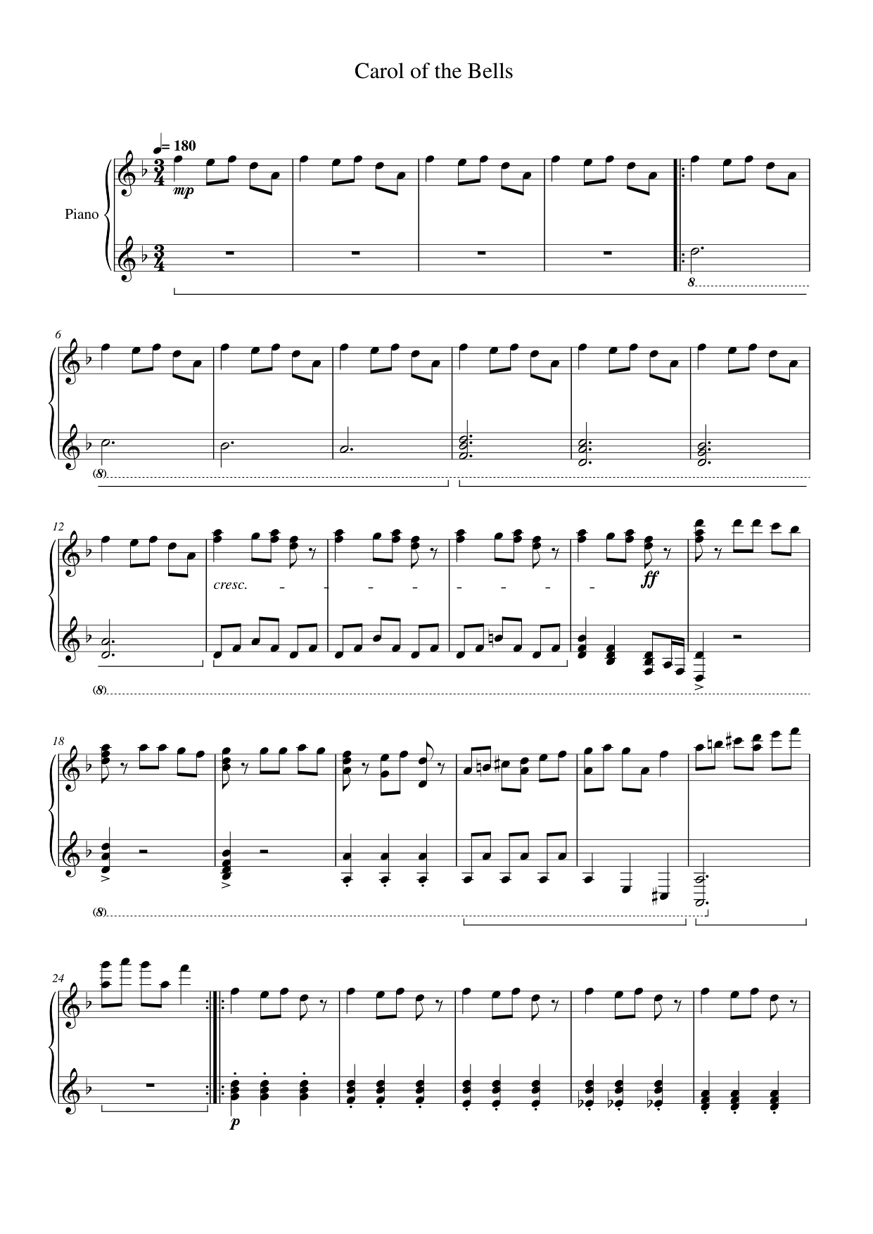 Carol of the Bells Piano Sheet Music Page 1 Free PDF