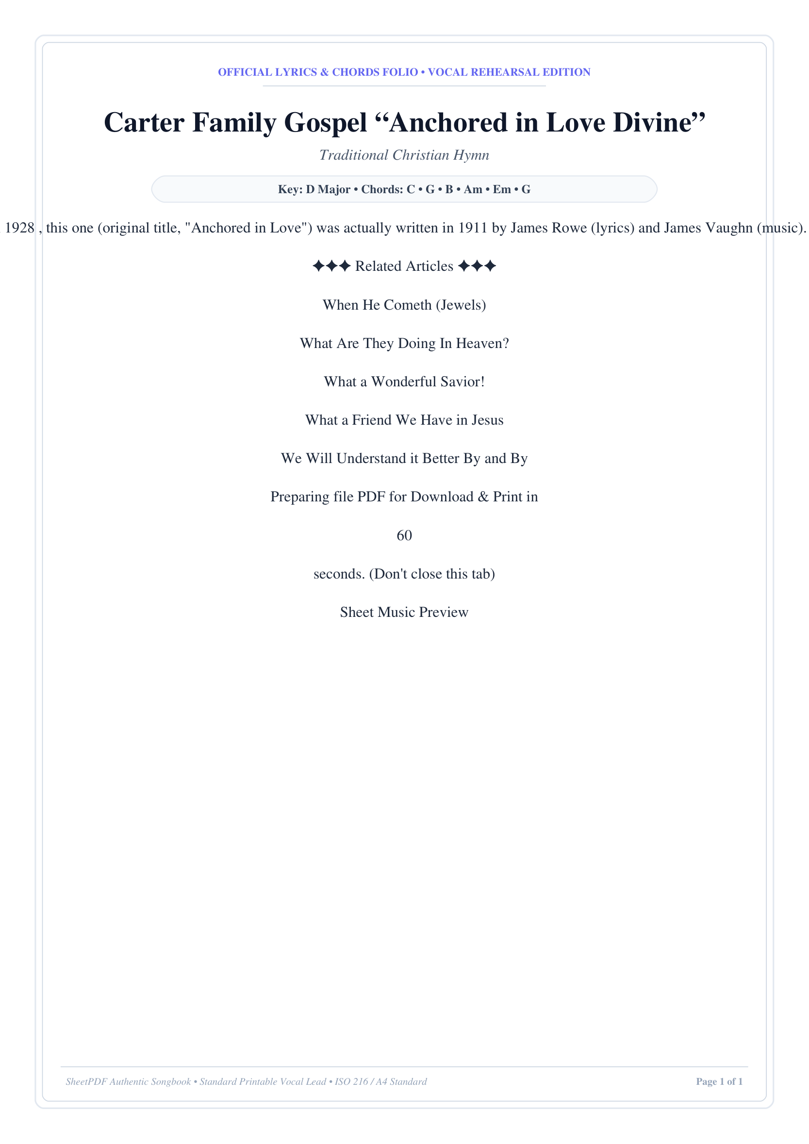 Carter Family Gospel “Anchored in Love Divine” Piano Sheet Music Page 1 Free PDF