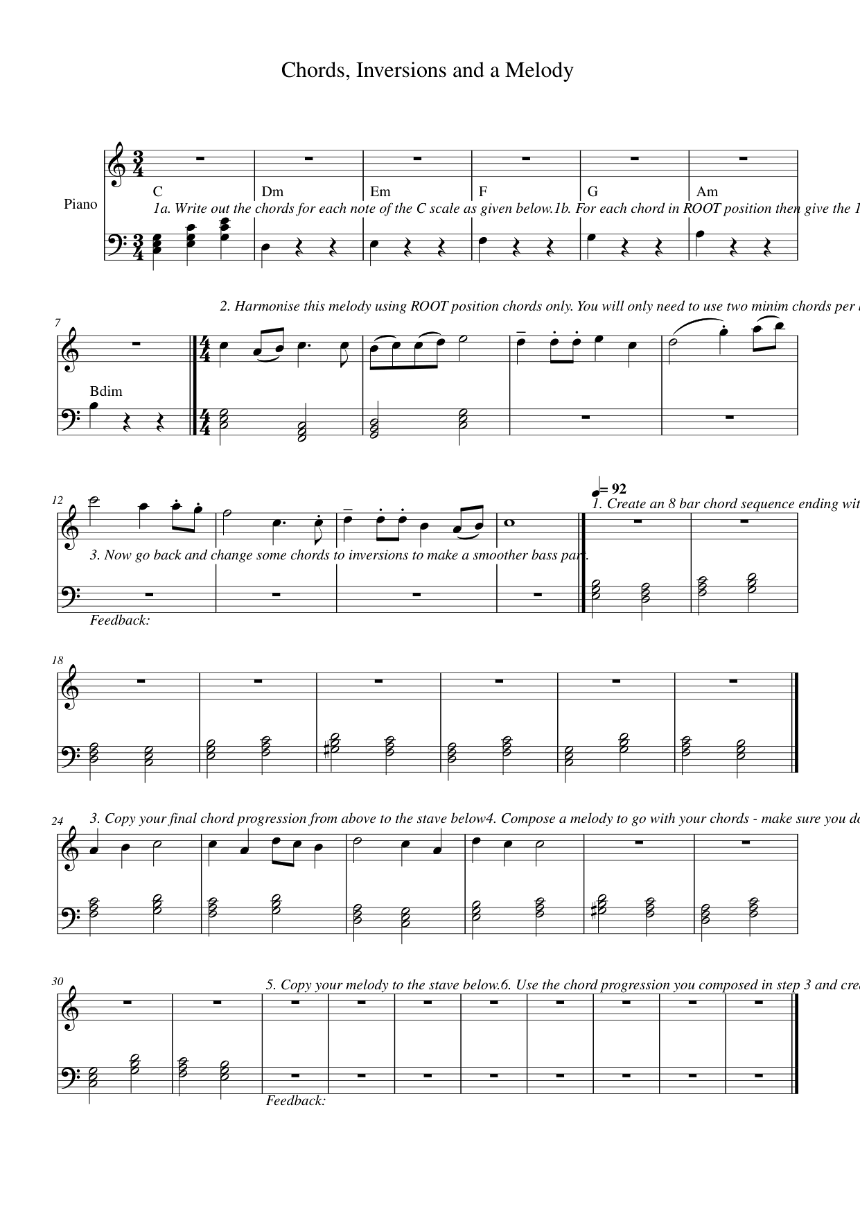 Chords, Inversions and a Melody Piano Sheet Music Page 1 Free PDF