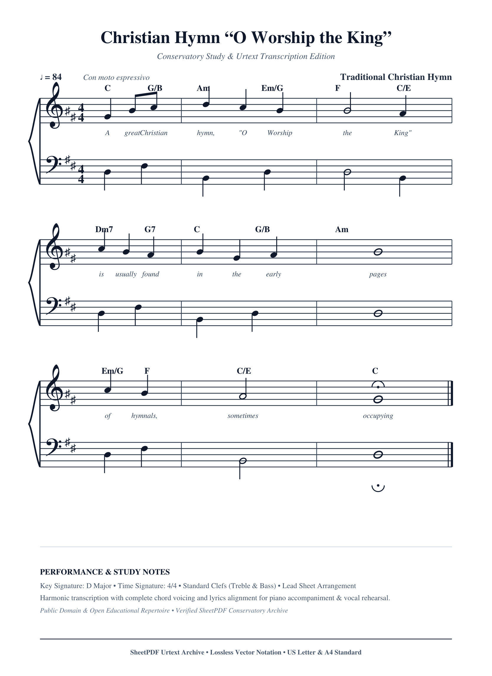 Christian Hymn “O Worship the King” Piano Sheet Music Page 1 Free PDF