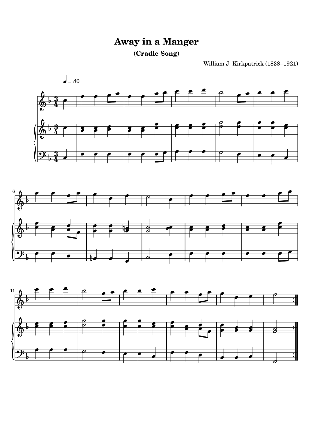 Away in a Manger Flute Piano Sheet Music Score Page 1