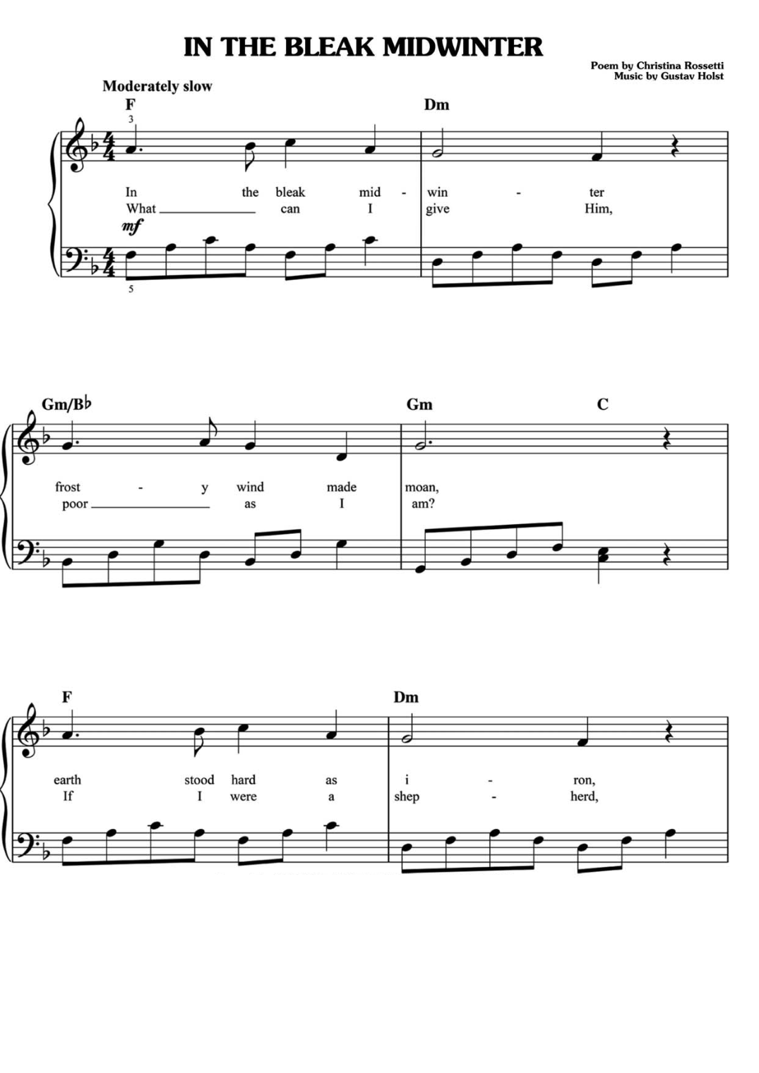 In The Bleak Midwinter Piano Sheet Music Page 1 Free PDF