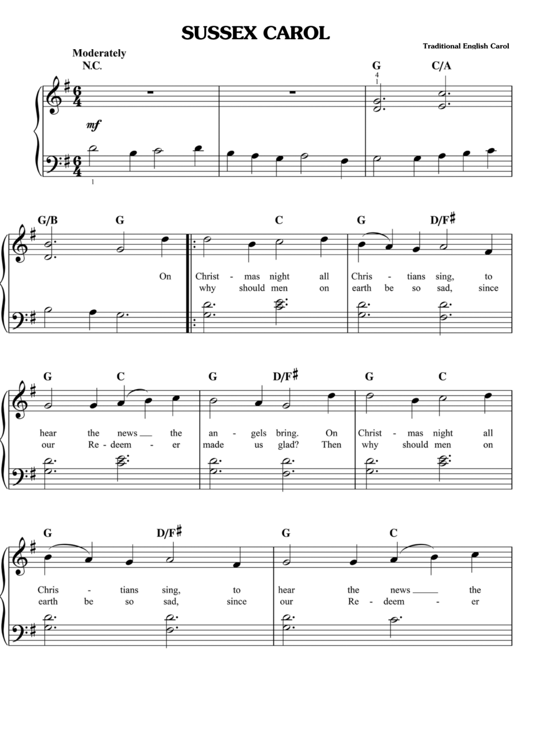 Sussex Carol Piano Sheet Music Page 1 Free PDF