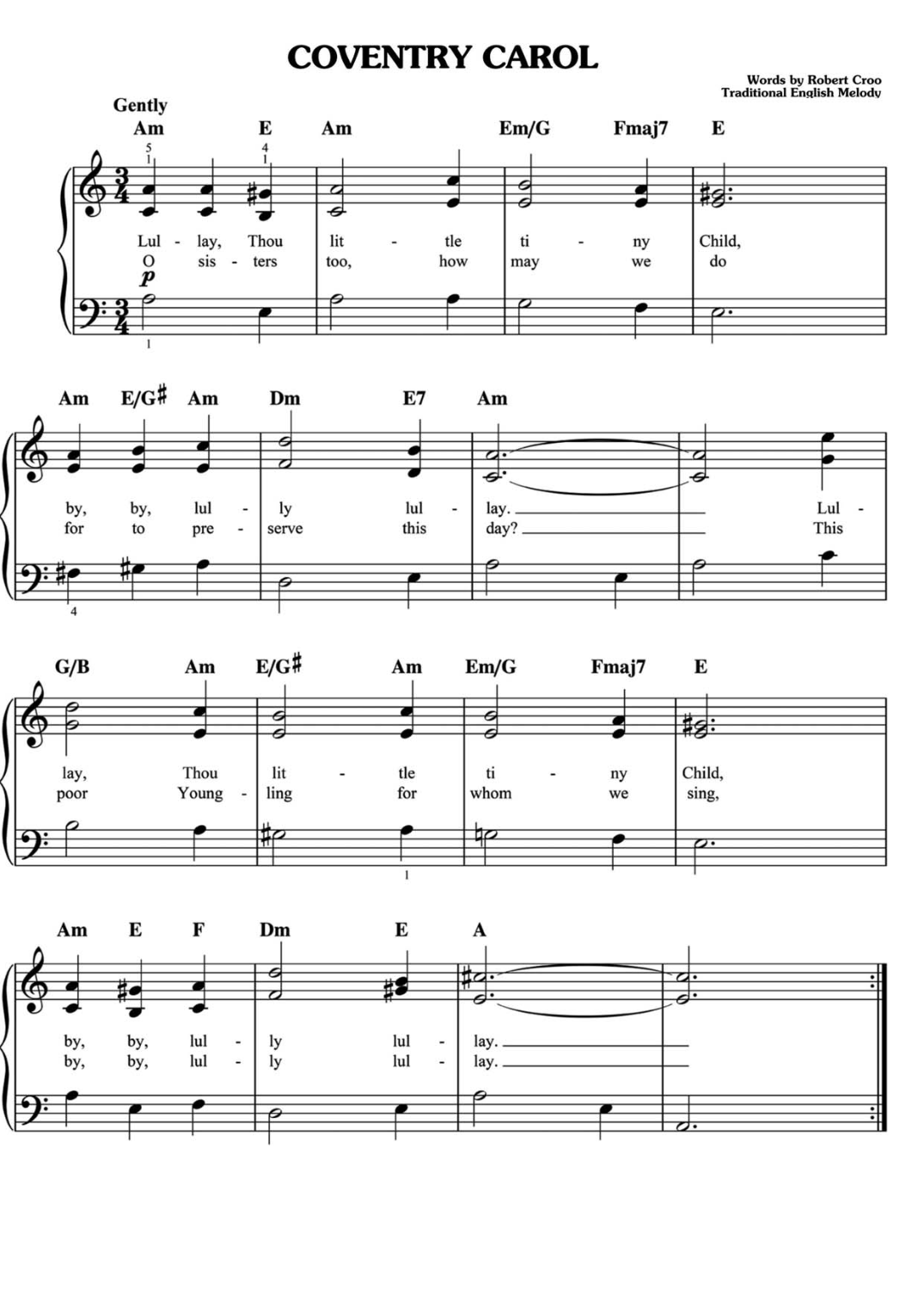 Coventry Carol Piano Sheet Music Page 1 Free PDF