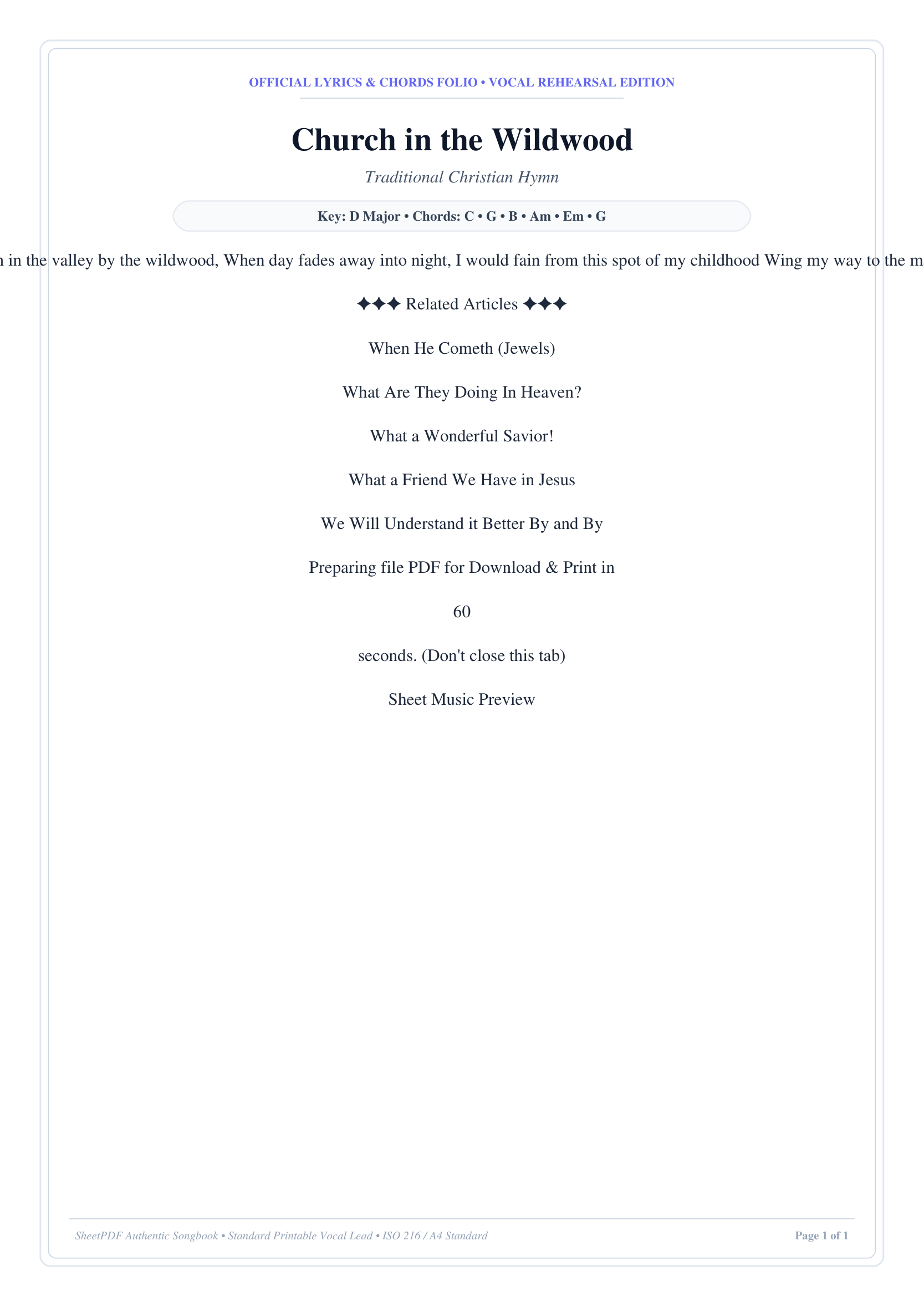 Church in the Wildwood Piano Sheet Music Page 1 Free PDF