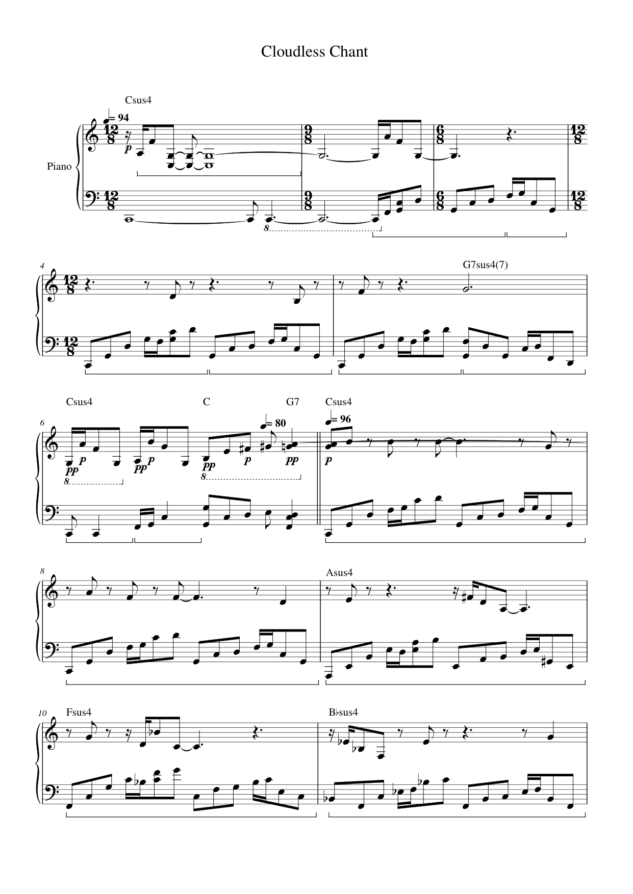 Cloudless Chant Piano Sheet Music Score Page 1