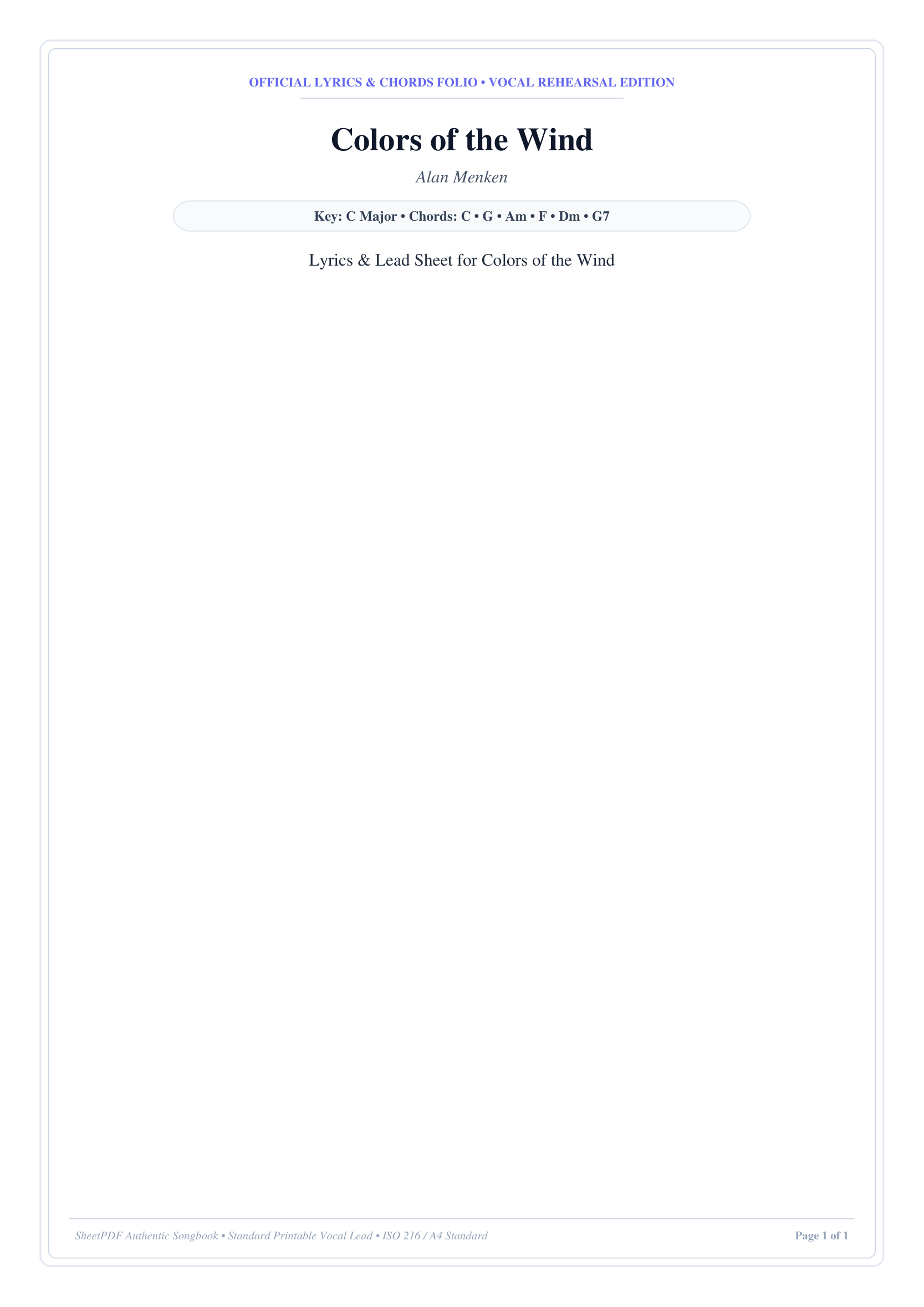 Colors of the Wind Piano Sheet Music Page 1 Free PDF