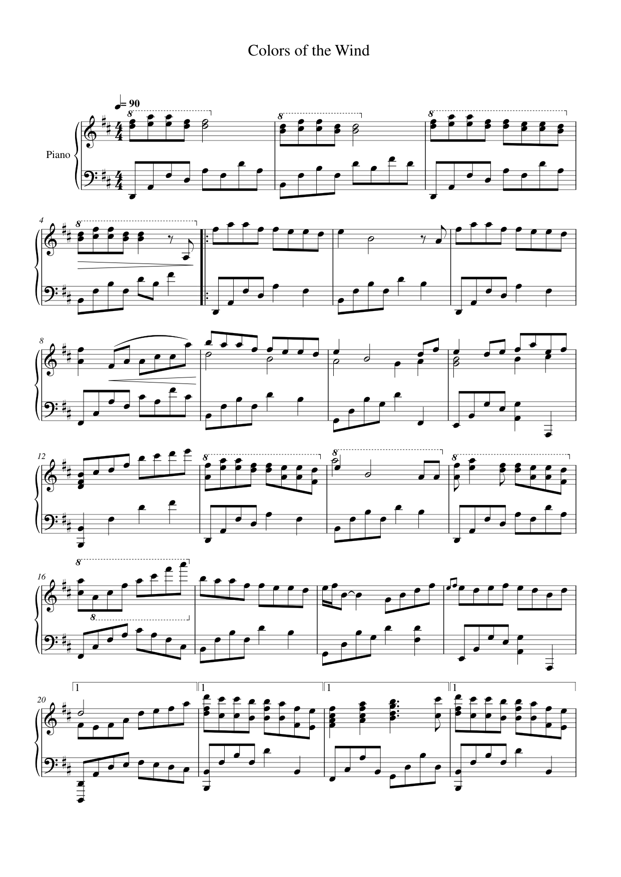 Colors of the Wind Piano Sheet Music Page 1 Free PDF