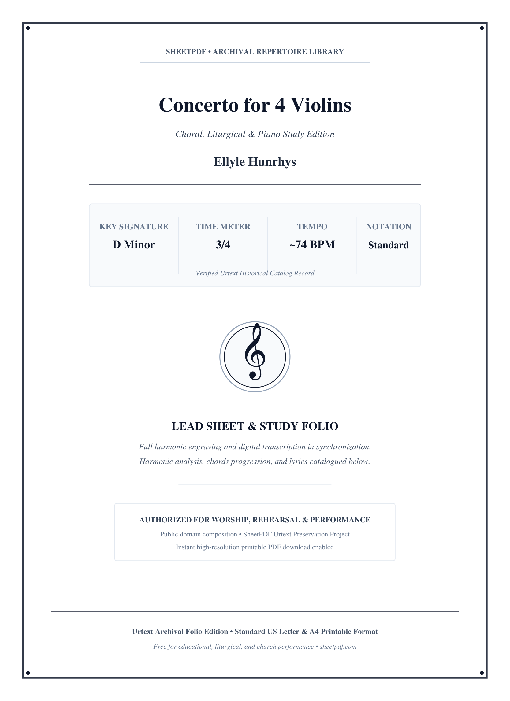 Concerto for 4 Violins Piano Sheet Music Page 1 Free PDF