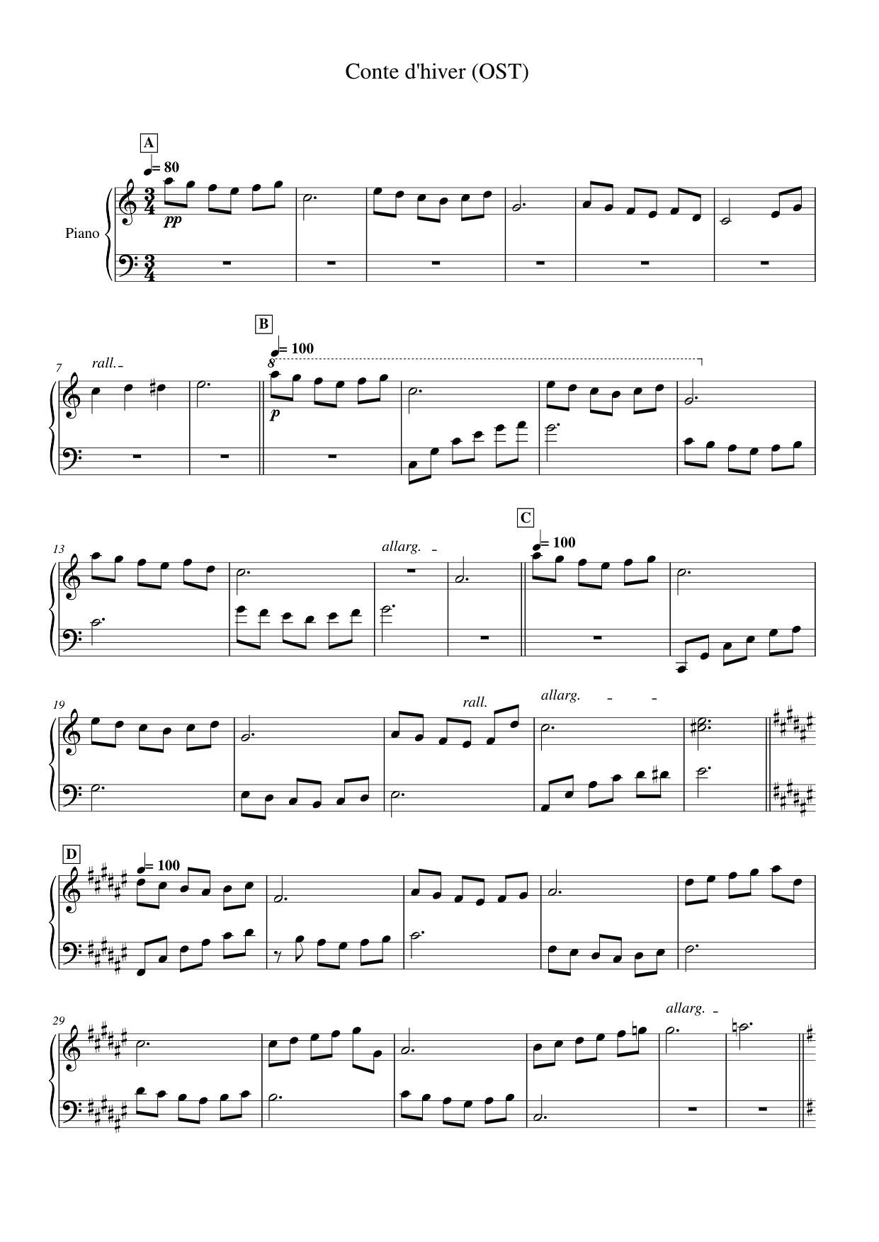 Conte d'hiver (OST) Piano Sheet Music Page 1 Free PDF