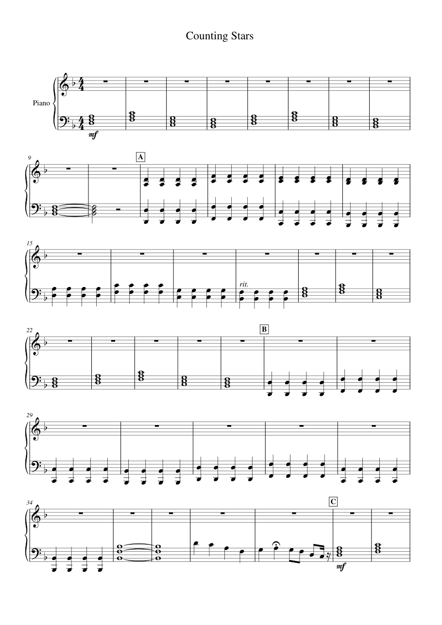 Counting Stars Piano Sheet Music Score Page 1