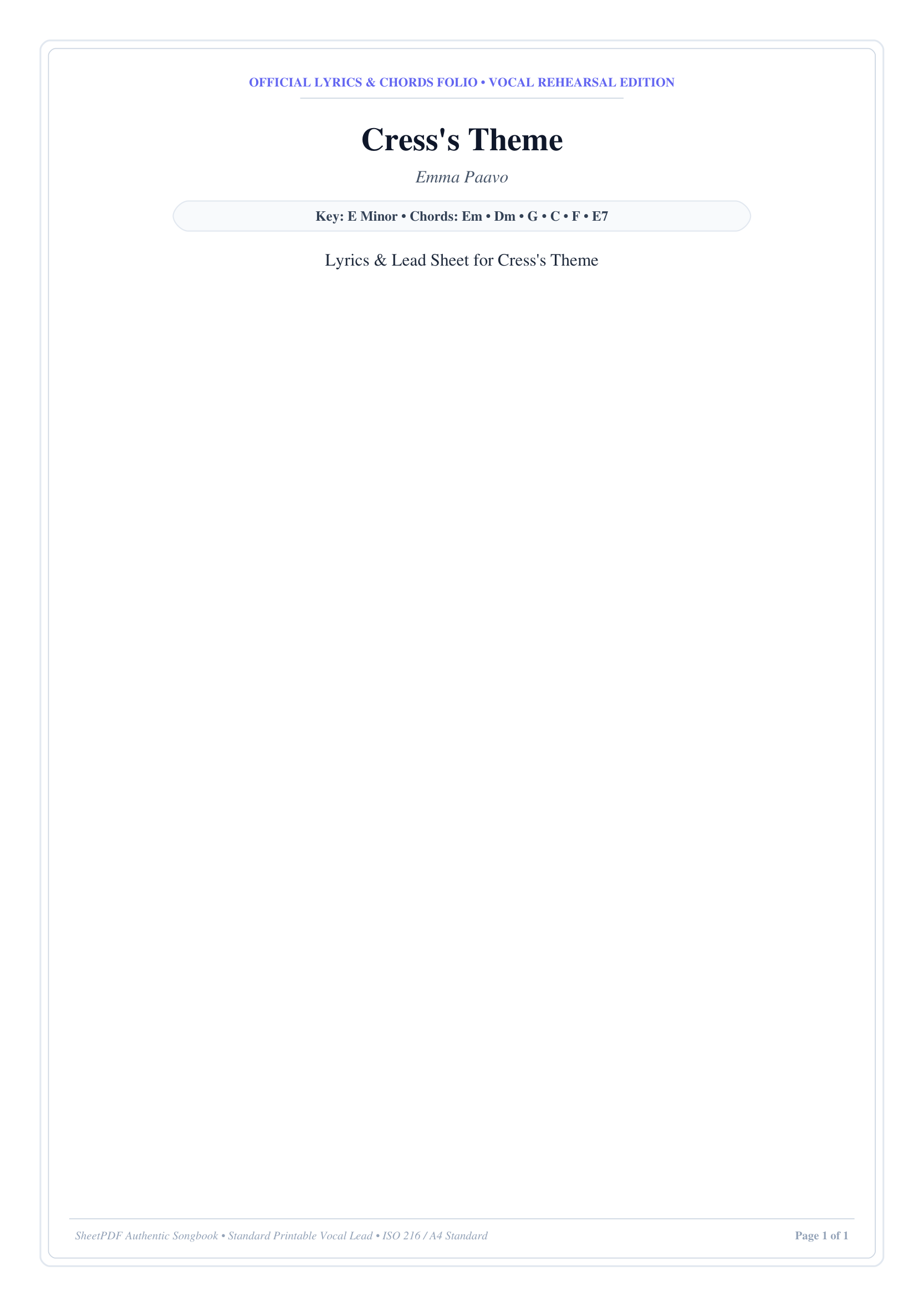 Cress's Theme Piano Sheet Music Page 1 Free PDF
