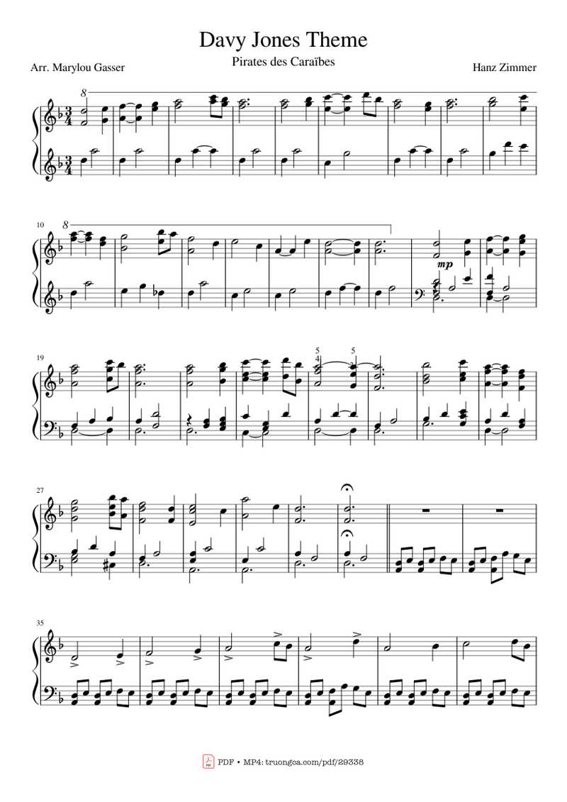 Davy Jones Theme Piano Sheet Music Page 1 Free PDF