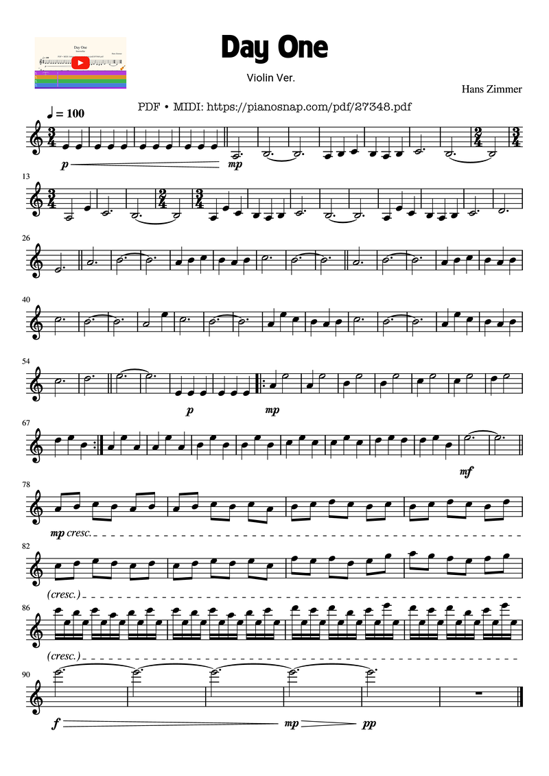 Day Piano Sheet Music Score Page 1