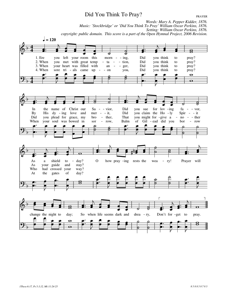 Did you Think to Pray? Piano Sheet Music Score Page 1