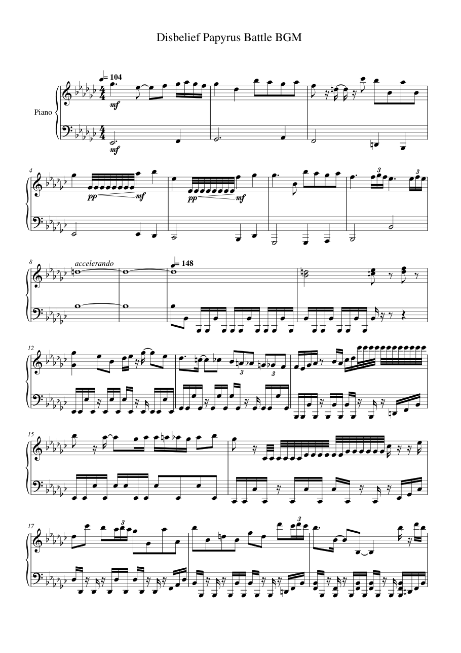 Disbelief Papyrus Battle BGM Piano Sheet Music Page 1 Free PDF