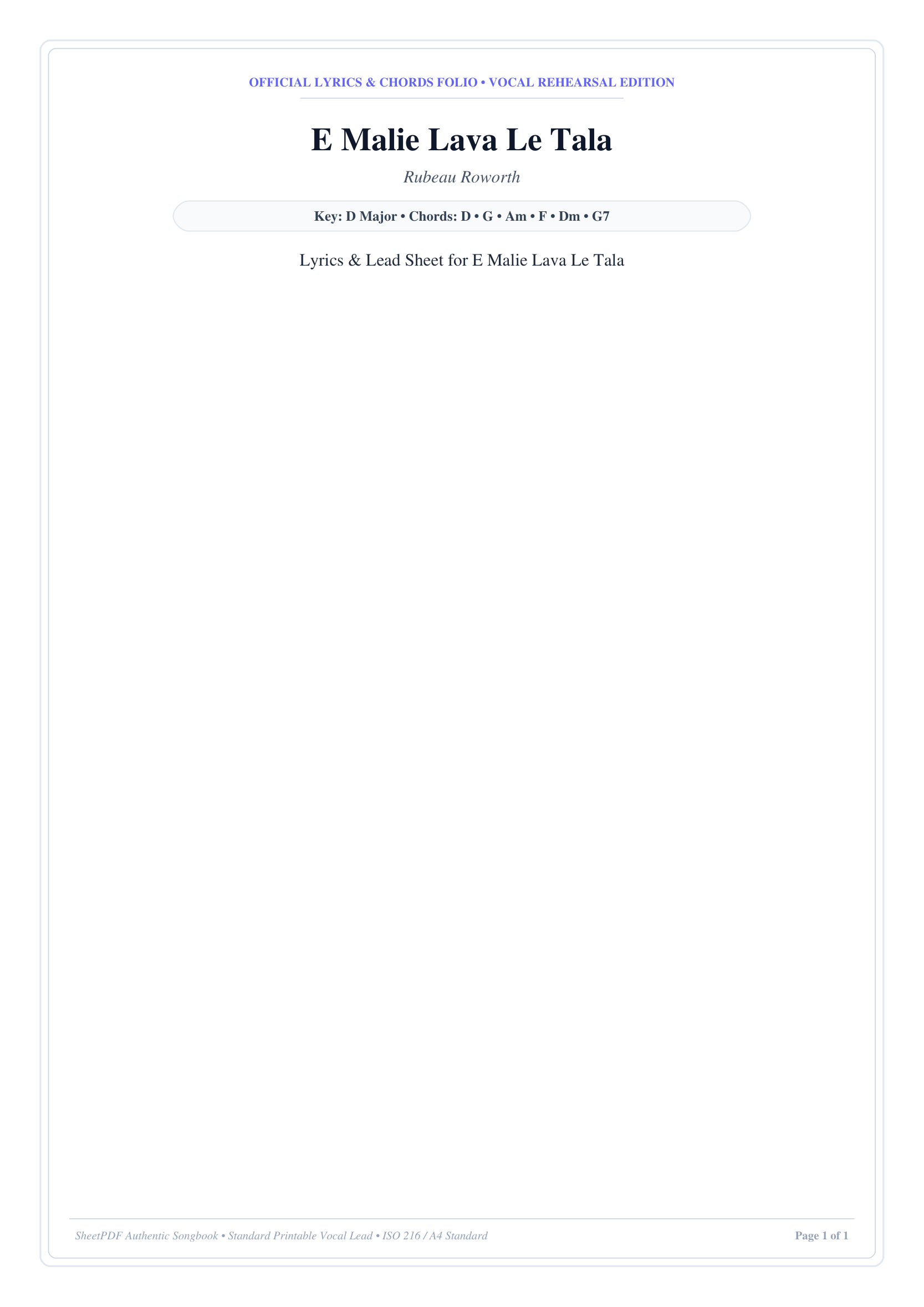 E Malie Lava Le Tala Piano Sheet Music Page 1 Free PDF