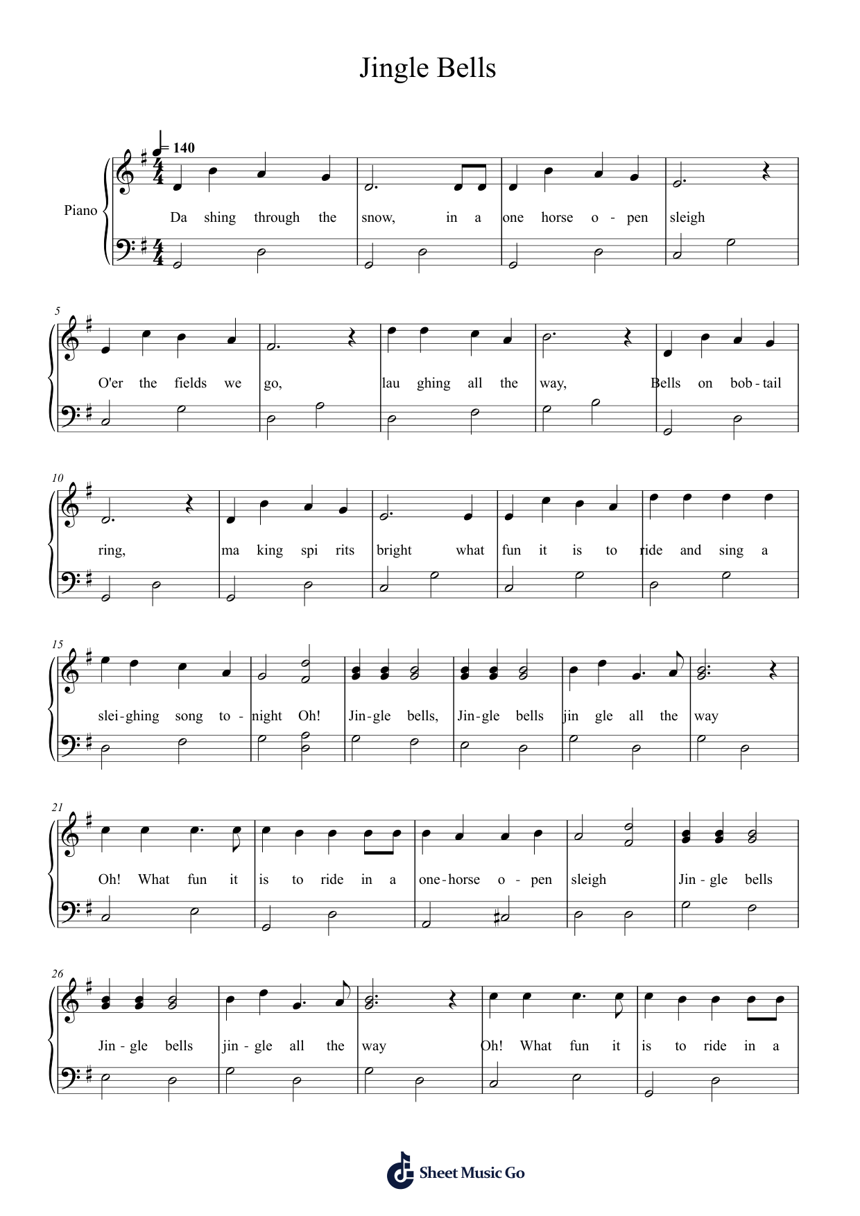 Jingle Bells Piano Sheet Music Page 1 Free PDF