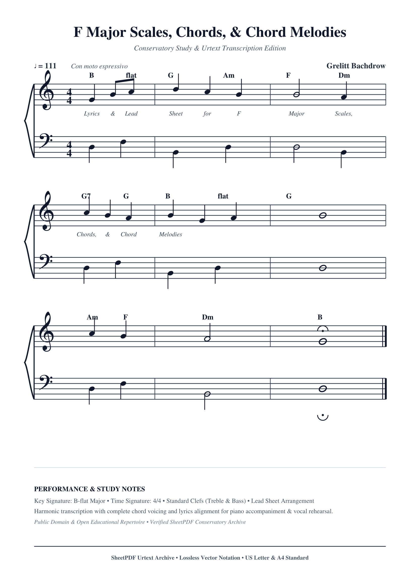 F Major Scales, Chords, & Chord Melodies Piano Sheet Music Page 1 Free PDF