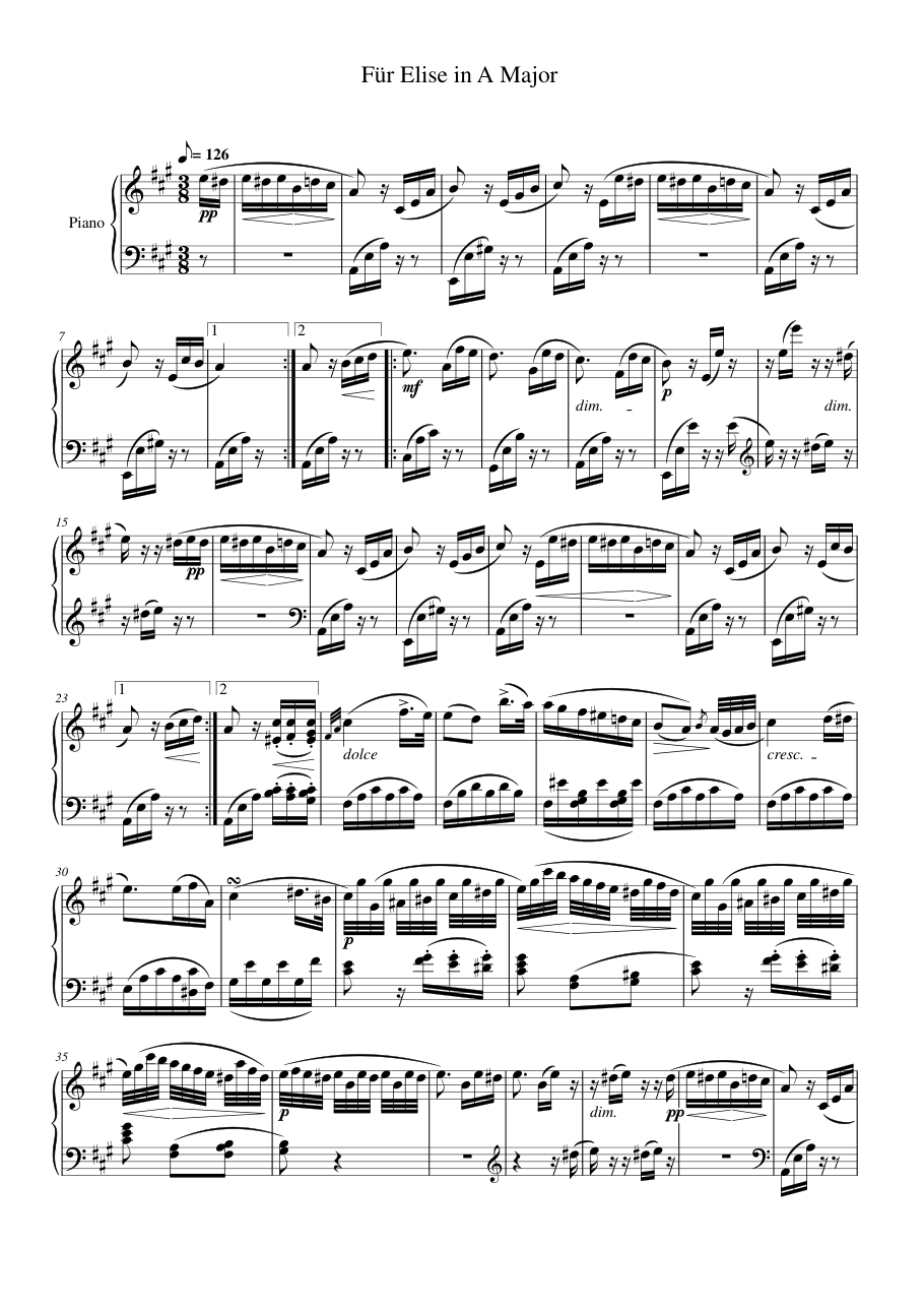 Für Elise in A Major Piano Sheet Music Page 1 Free PDF