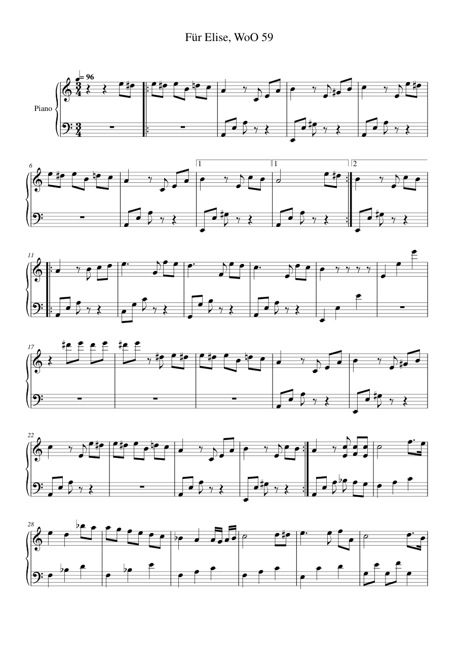 Für Elise, WoO 59 Piano Sheet Music Page 1 Free PDF