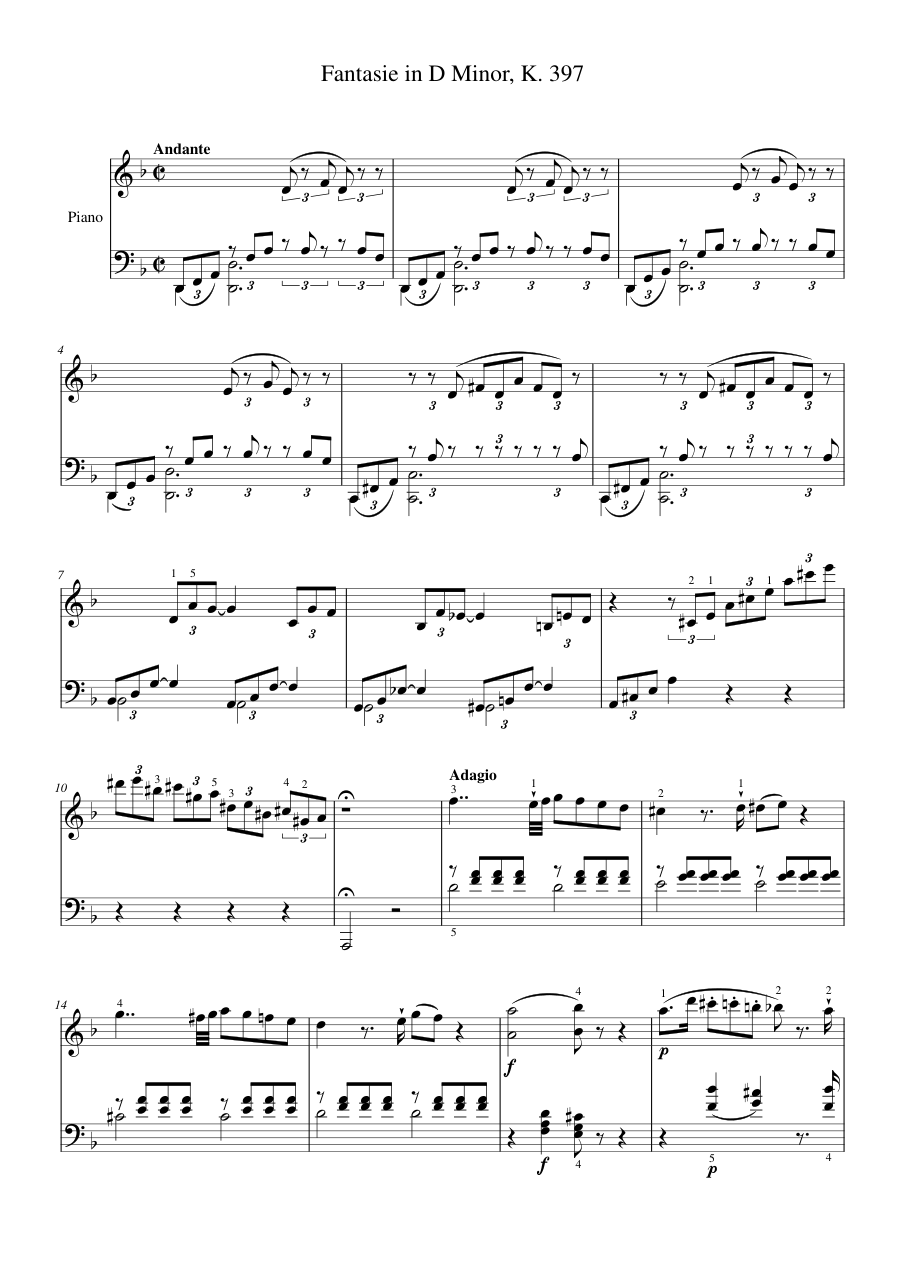 Fantasie in D Minor, K. 397 Piano Sheet Music Page 1 Free PDF