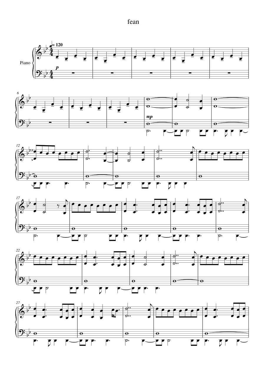 fean Piano Sheet Music Score Page 1