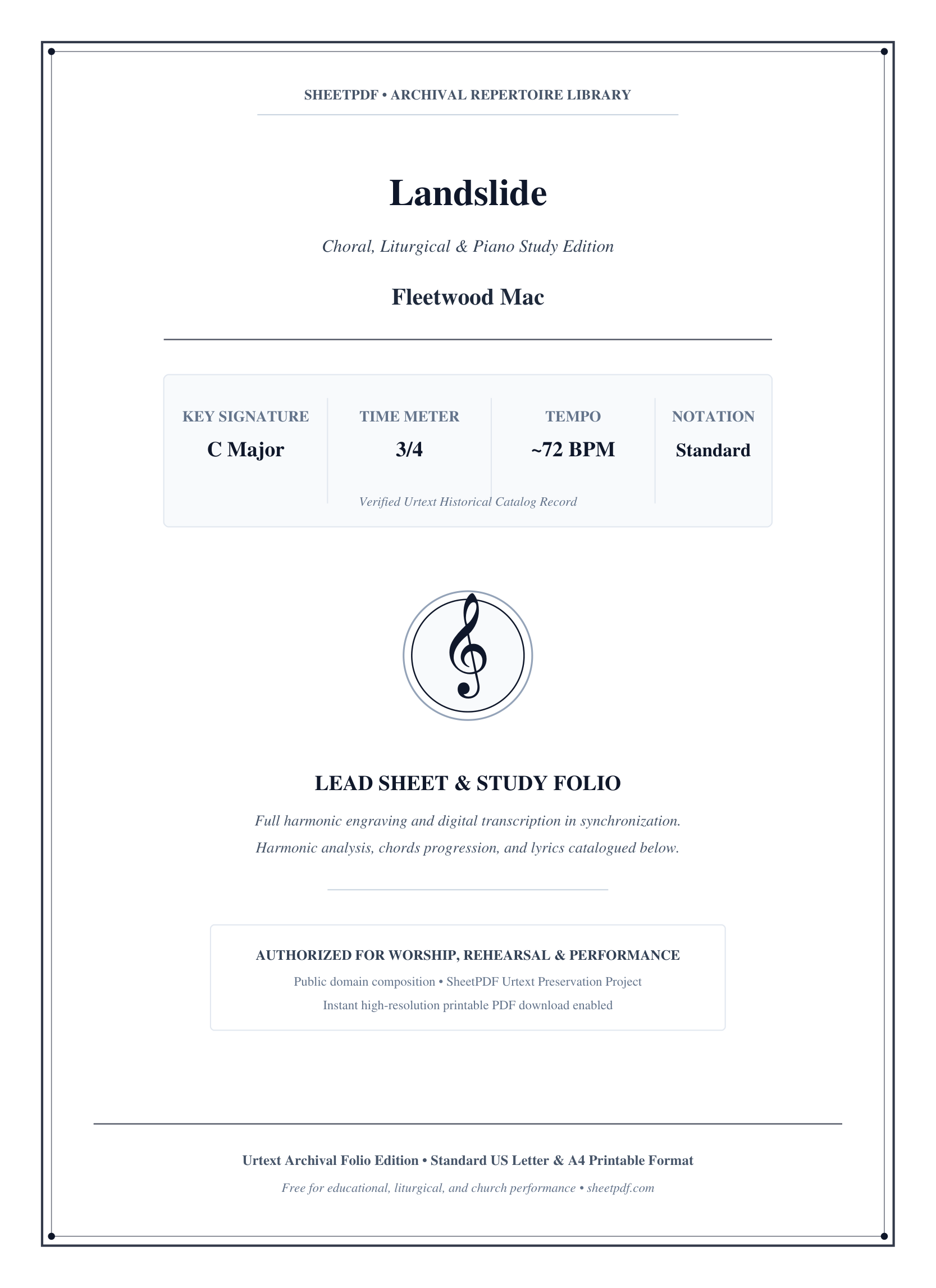 Landslide Piano Sheet Music Score Page 1