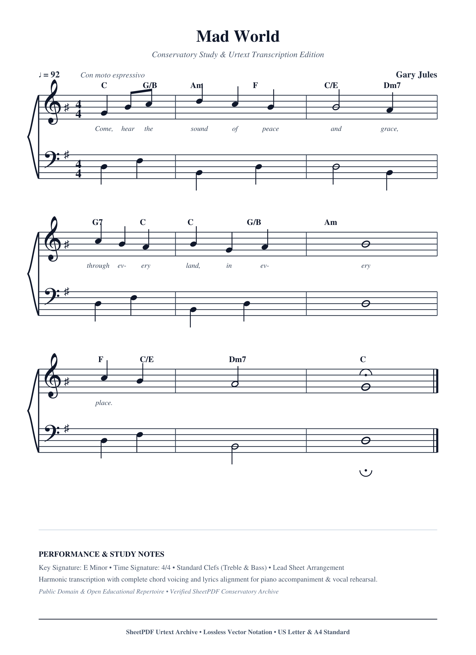 Mad World Piano Sheet Music Score Page 1