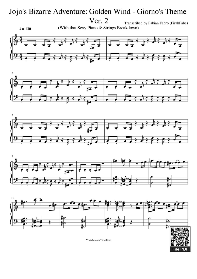 Giorno's Theme Piano Sheet Music Page 1 Free PDF