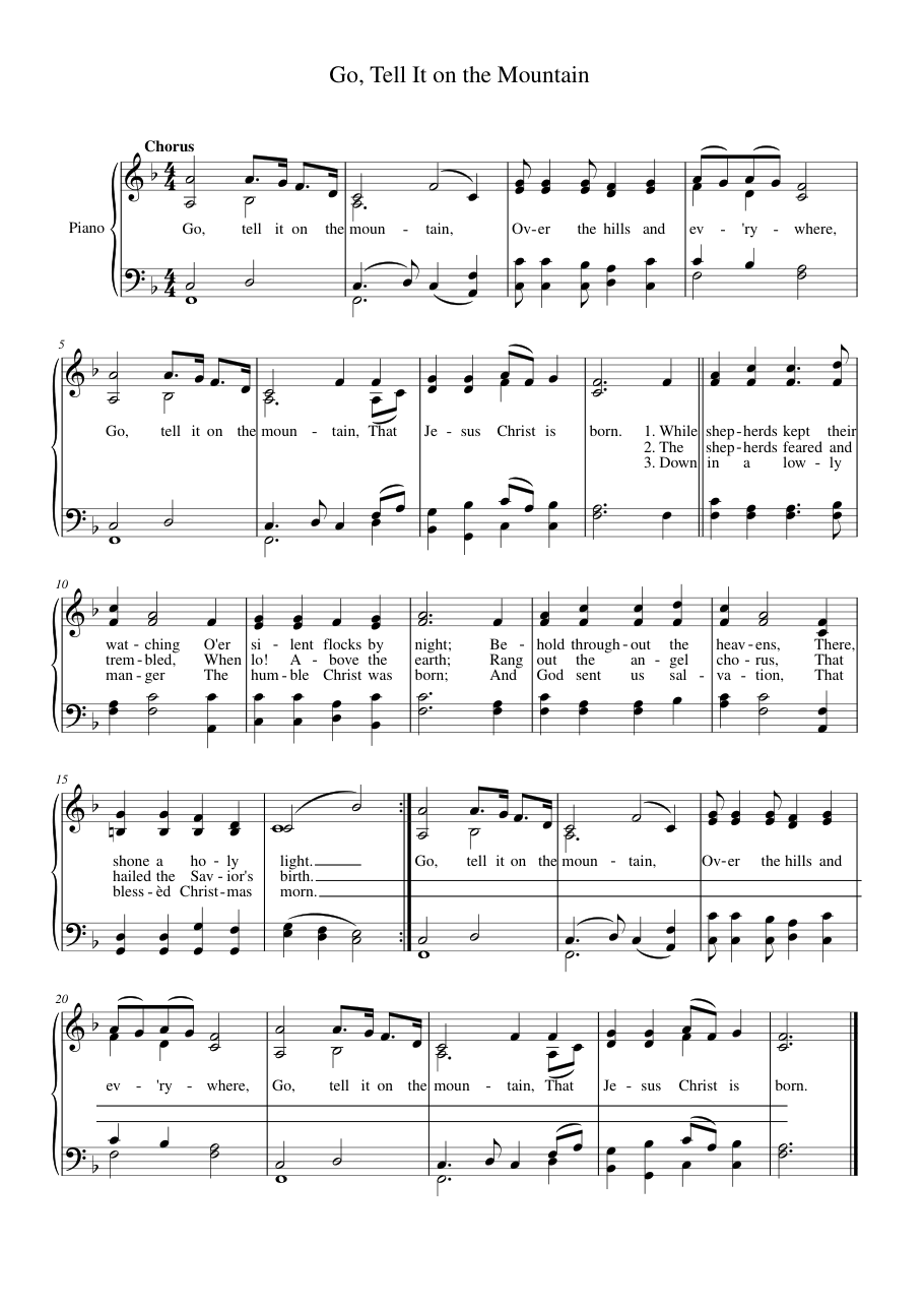 Go, Tell It on the Mountain Piano Sheet Music Page 1 Free PDF