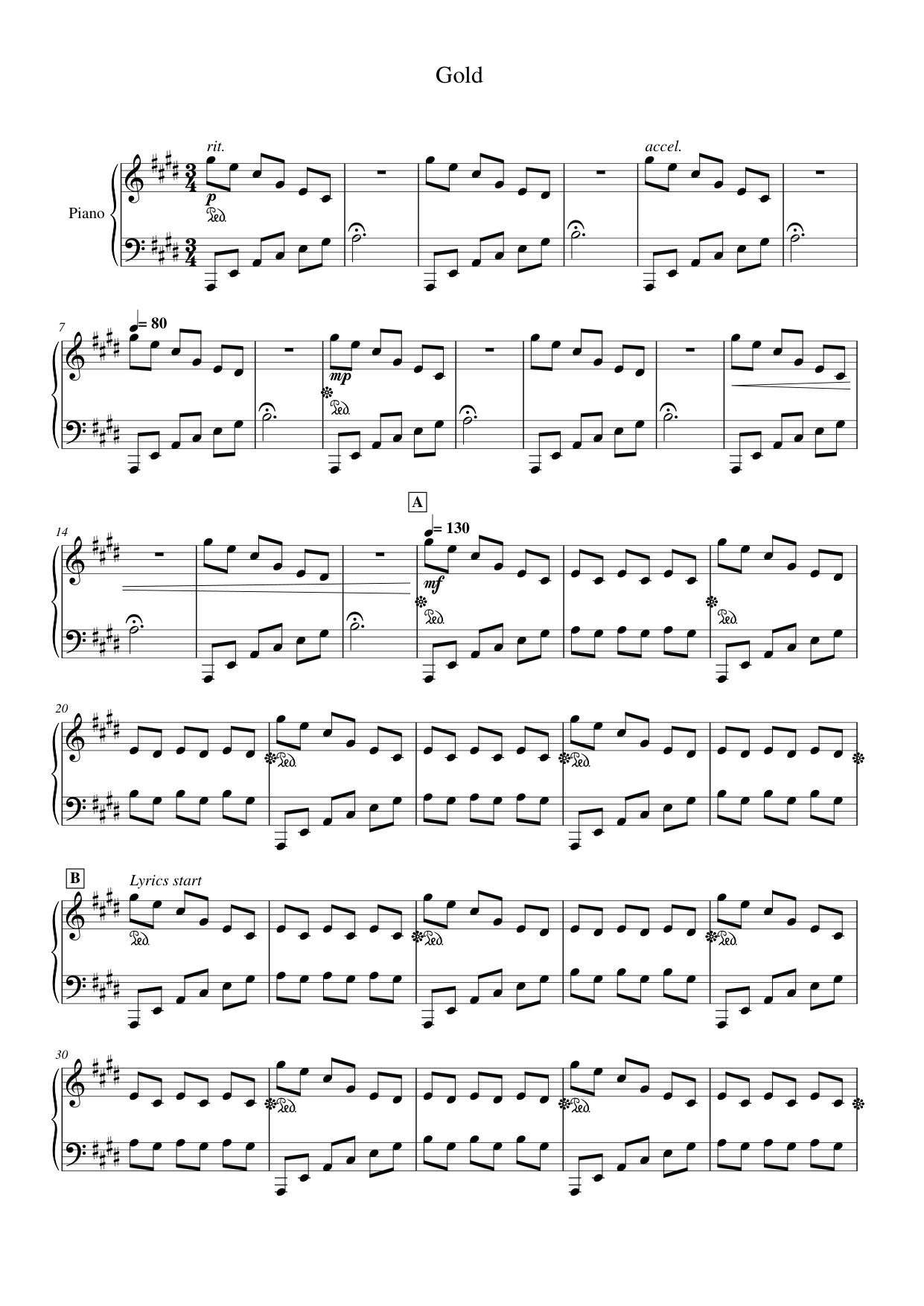 Gold Piano Sheet Music Score Page 1