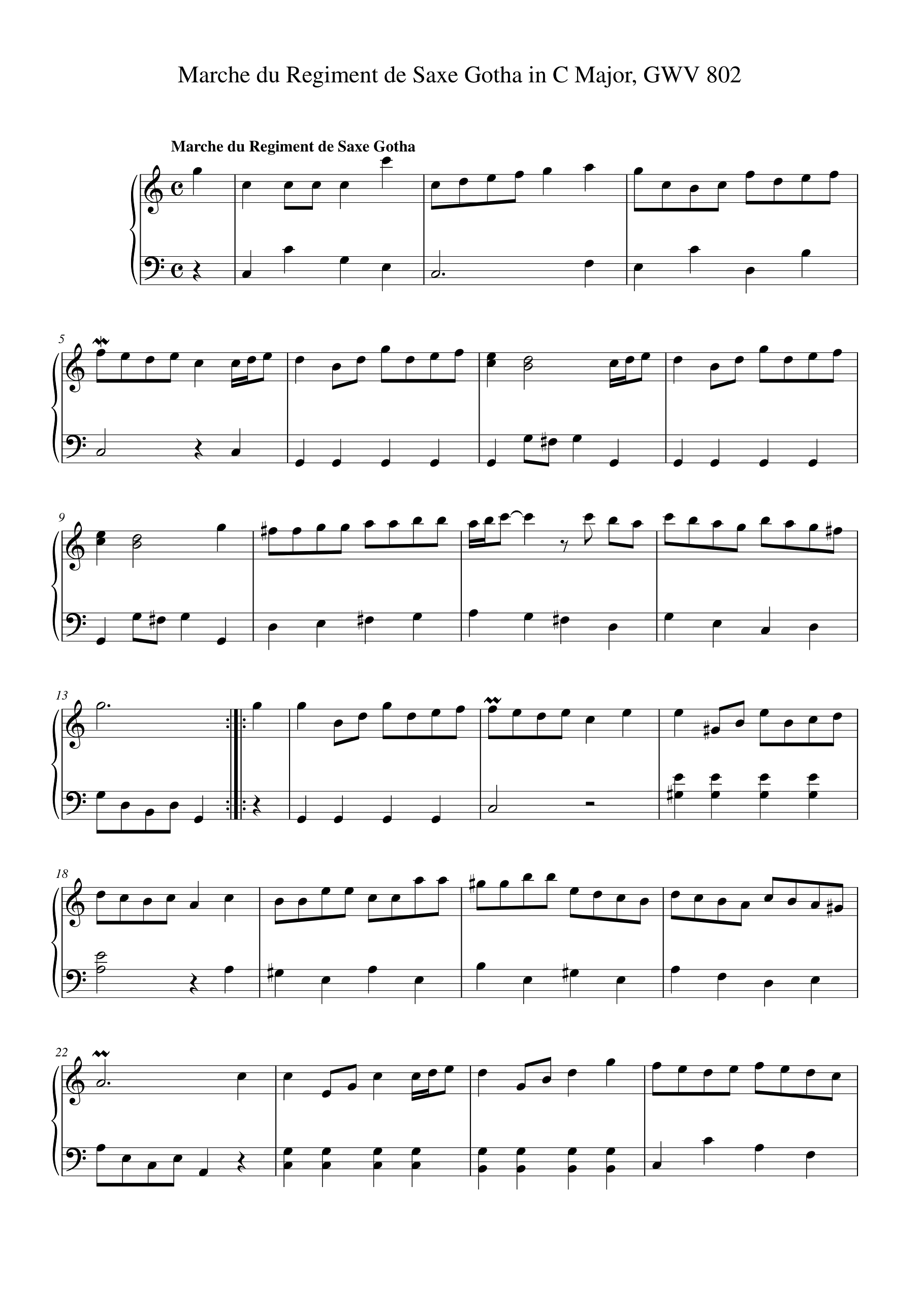 Marche du Regiment de Saxe Gotha in C Major, GWV 802 Piano Sheet Music Page 1 Free PDF