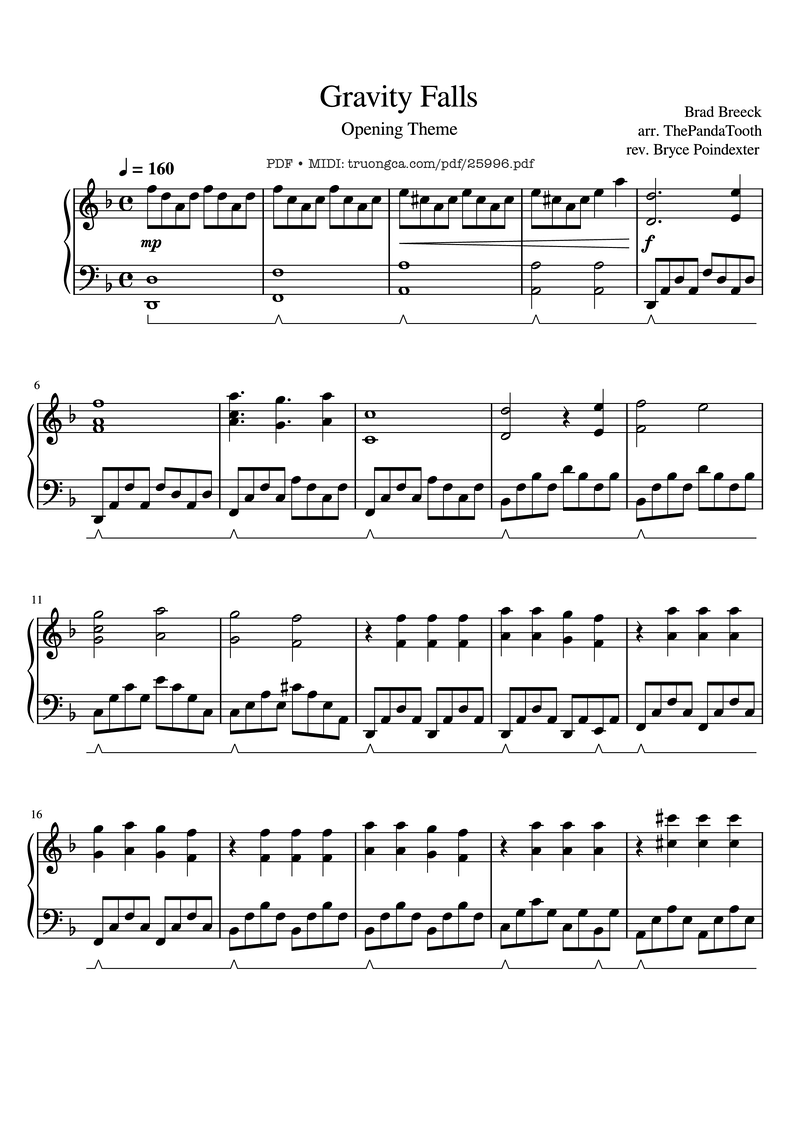 Gravity Falls Piano Sheet Music Score Page 1