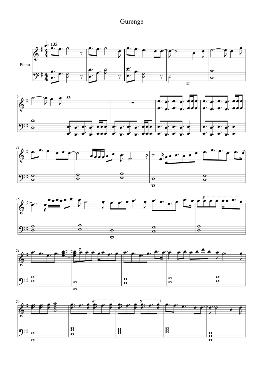 Gurenge Piano Sheet Music Page 1 Free PDF