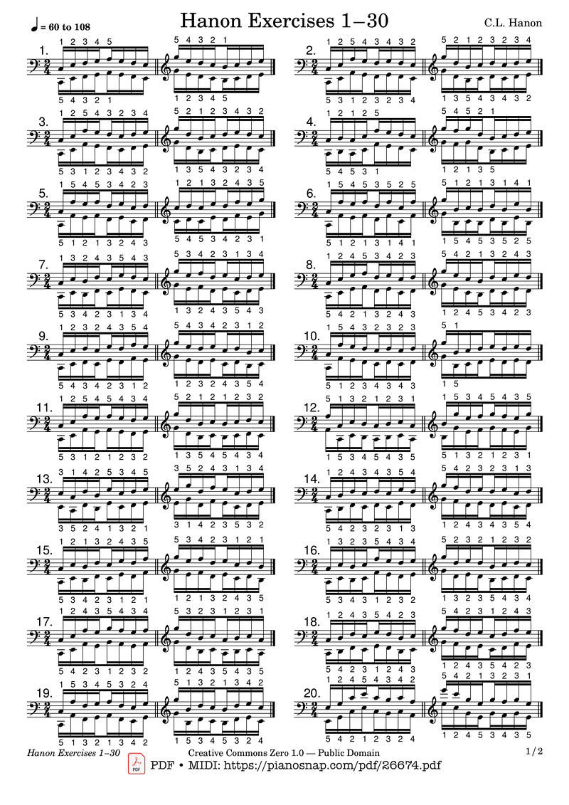 Hanon Exercise No. 1 in C Piano Sheet Music Page 1 Free PDF