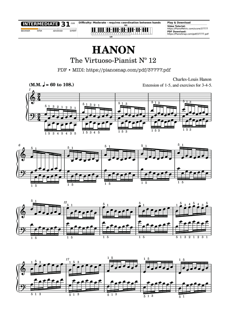 Hanon - The Virtuoso Pianist No. 12 Piano Sheet Music Page 1 Free PDF