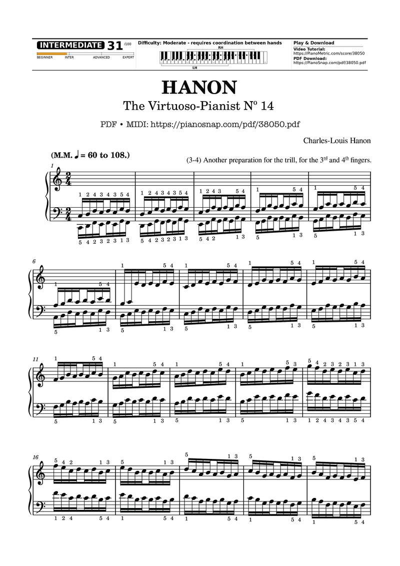 Hanon - The Virtuoso Pianist No. 14 Piano Sheet Music Page 1 Free PDF