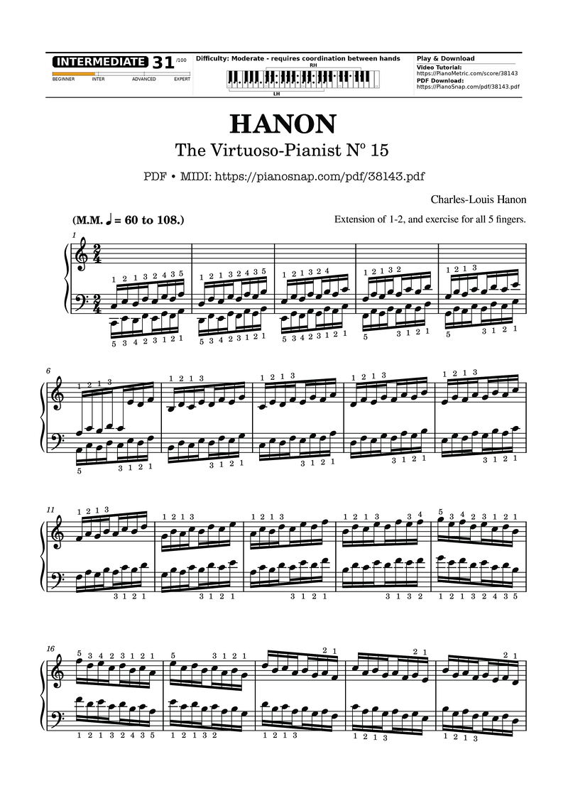 Hanon - The Virtuoso Pianist No. 15 Piano Sheet Music Page 1 Free PDF