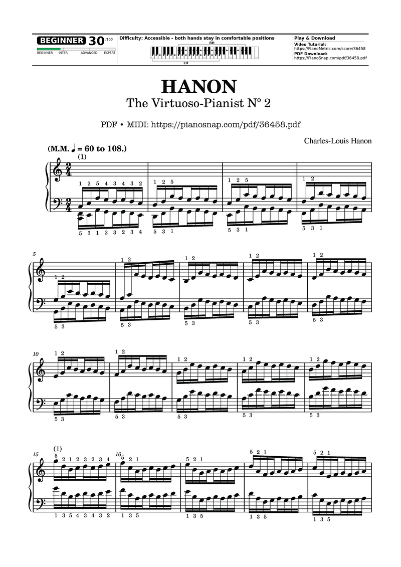 Hanon - The Virtuoso Pianist No. 2 Piano Sheet Music Page 1 Free PDF