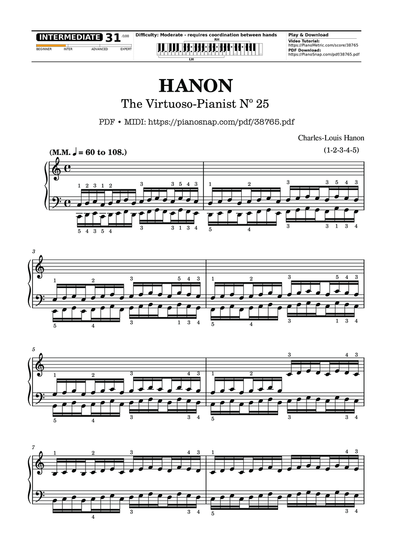 Hanon - The Virtuoso Pianist No. 25 Piano Sheet Music Page 1 Free PDF