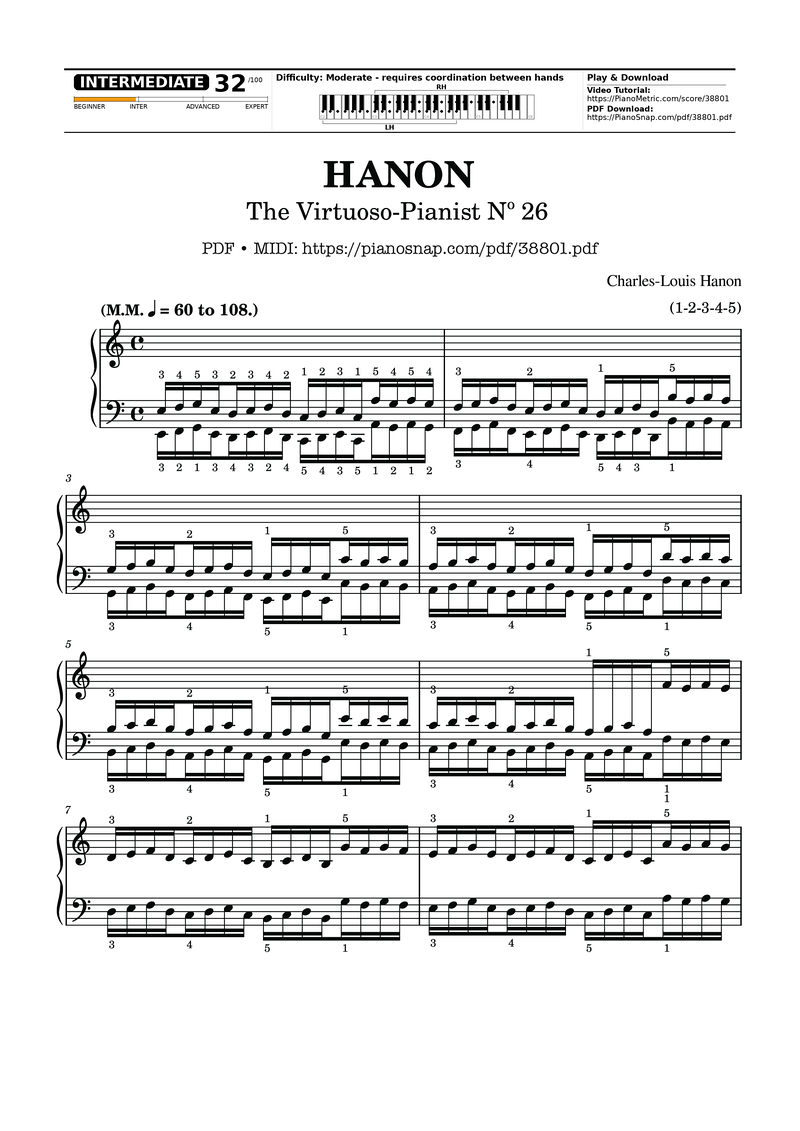 Hanon - The Virtuoso Pianist No. 26 Piano Sheet Music Page 1 Free PDF