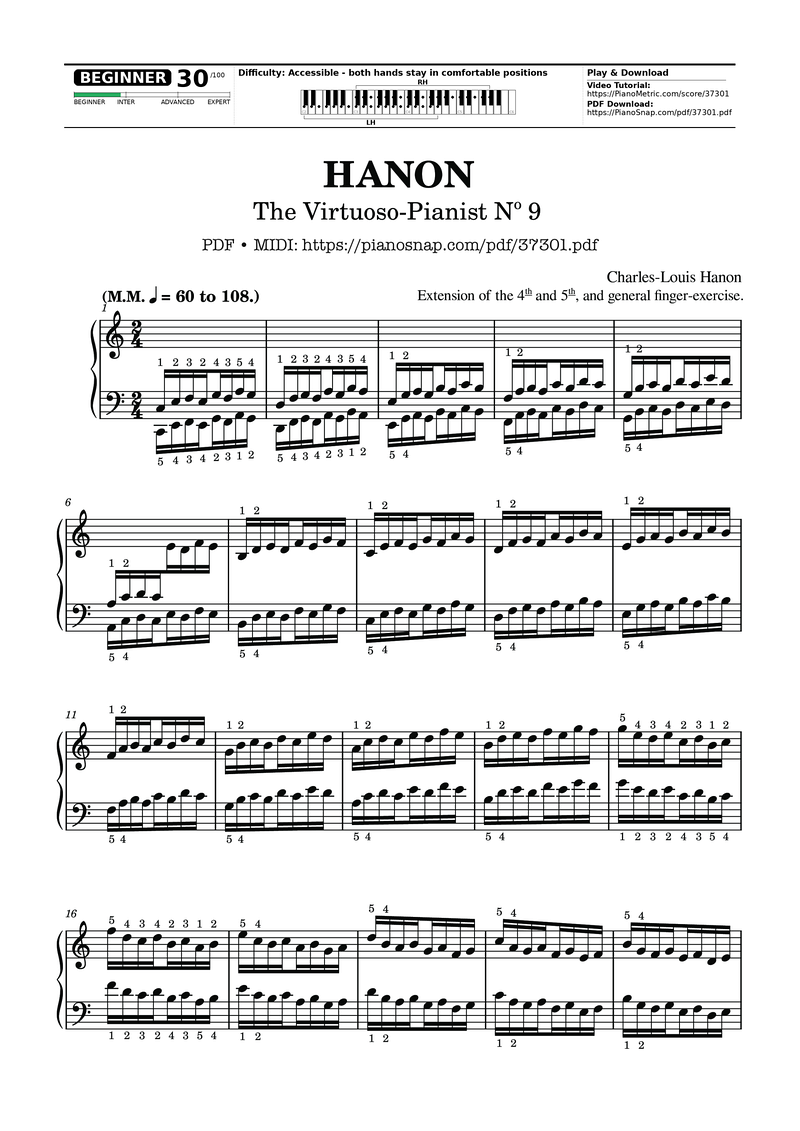 Hanon - The Virtuoso Pianist No. 9 Piano Sheet Music Page 1 Free PDF