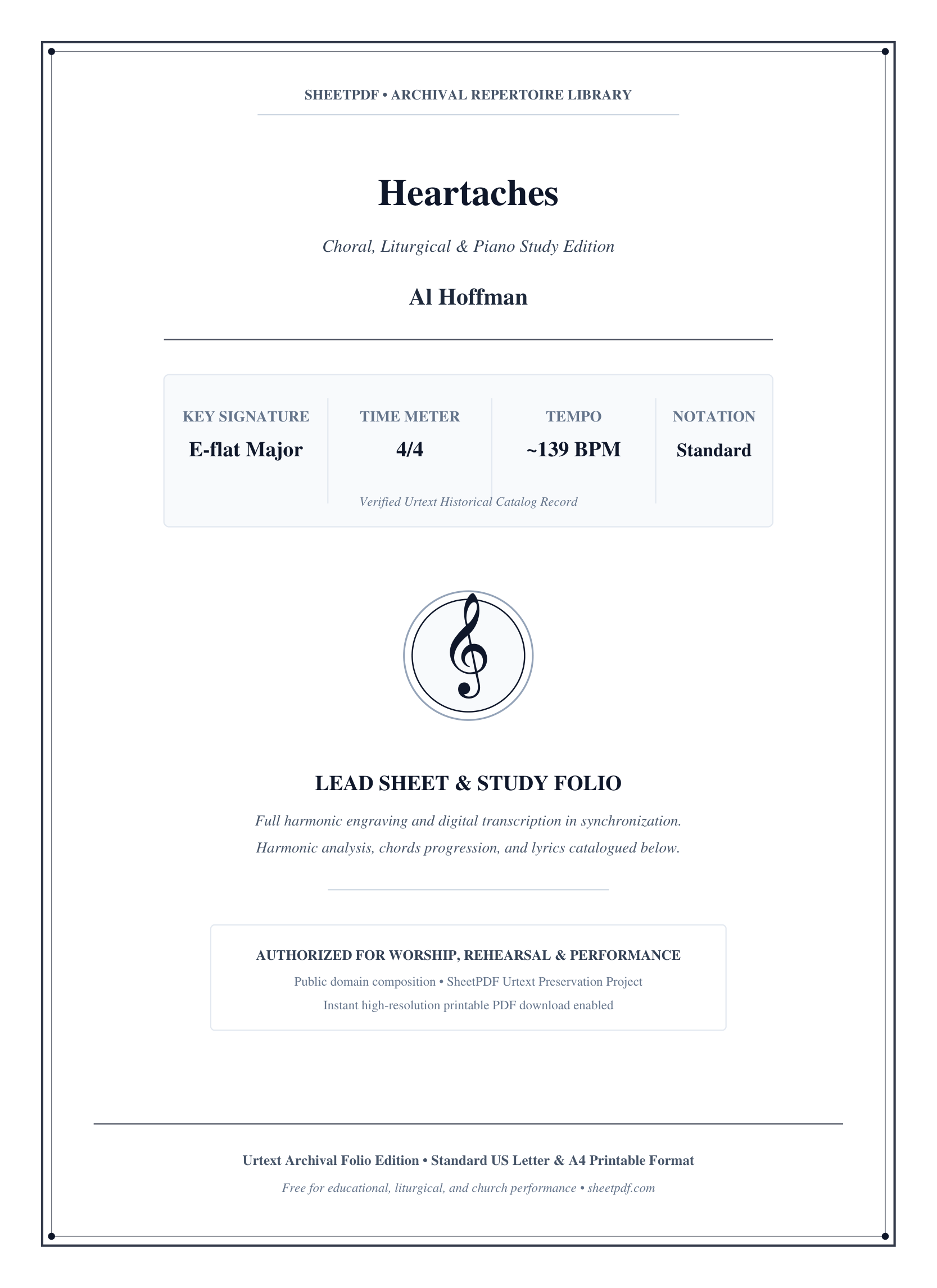 Heartaches Piano Sheet Music Score Page 1