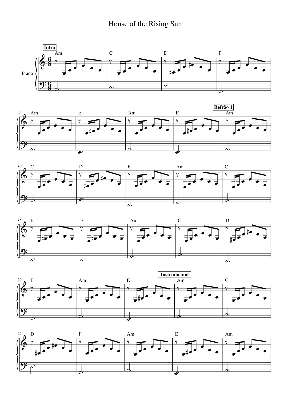 House of the Rising Sun Piano Sheet Music Page 1 Free PDF