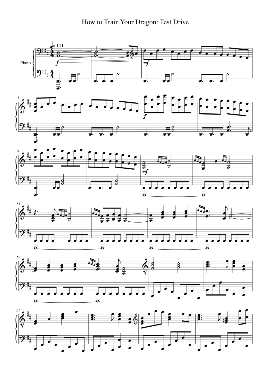 How to Train Your Dragon Test Drive Piano Sheet Music Page 1 Free PDF