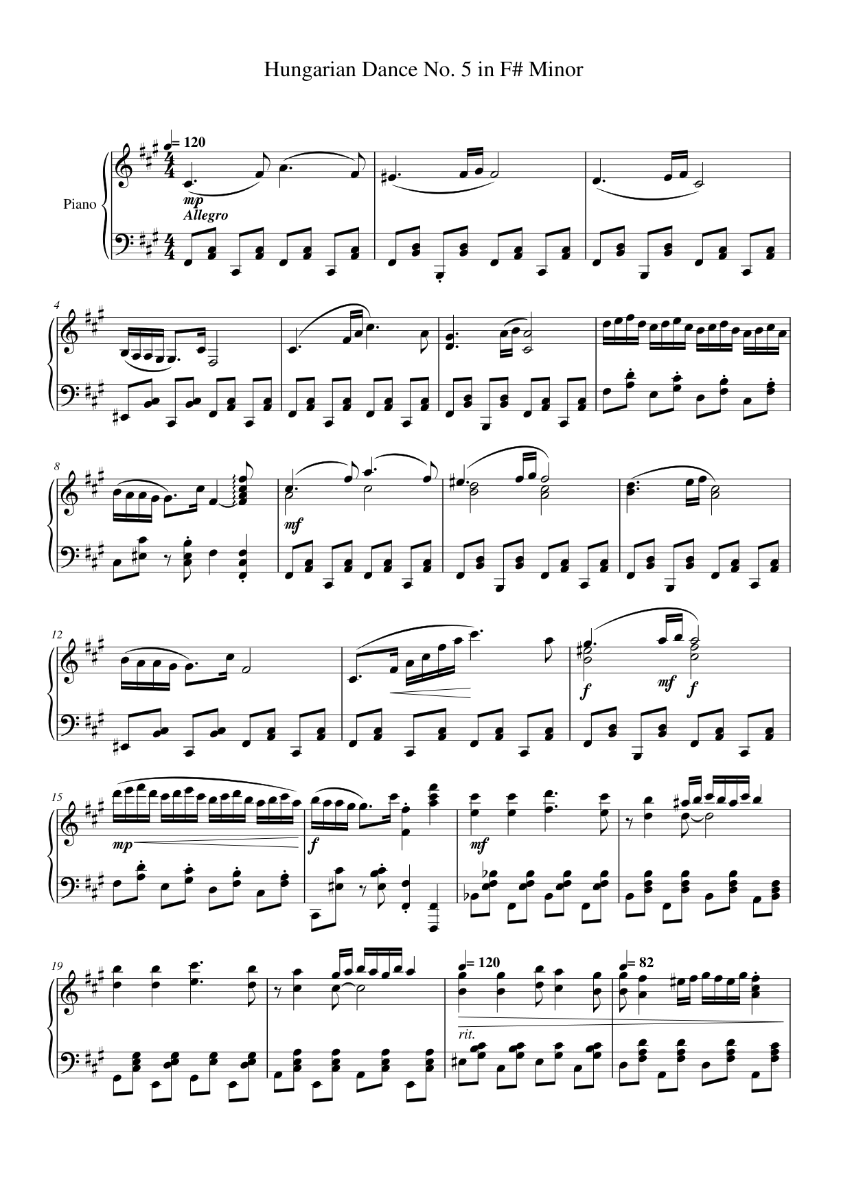 Hungarian Dance No. 5 in F# Minor Piano Sheet Music Page 1 Free PDF