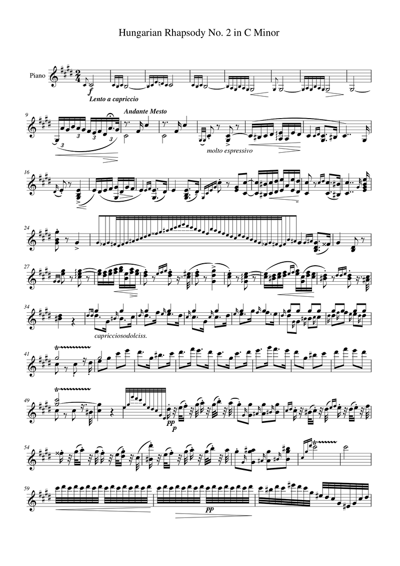 Hungarian Rhapsody No. 2 in C Minor Piano Sheet Music Page 1 Free PDF