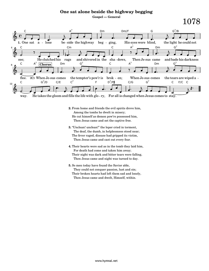One sat alone beside the highway begging (Hymn 1078) Piano Sheet Music Page 1 Free PDF