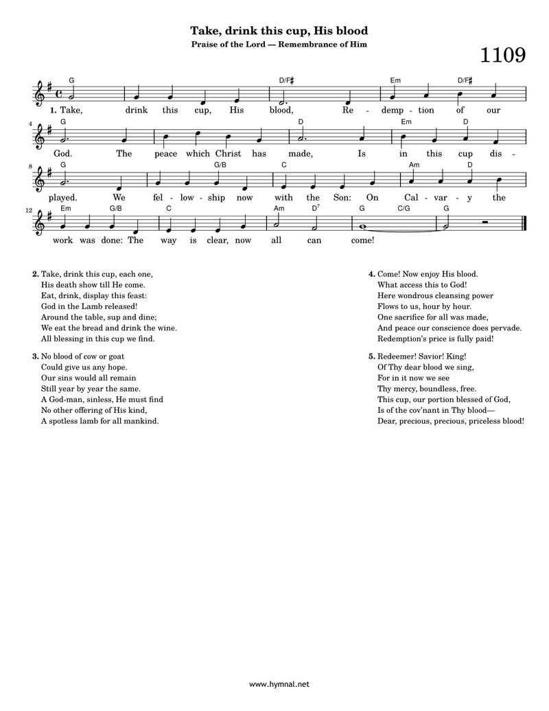 Take, drink this cup, His blood (Hymn 1109) Piano Sheet Music Page 1 Free PDF